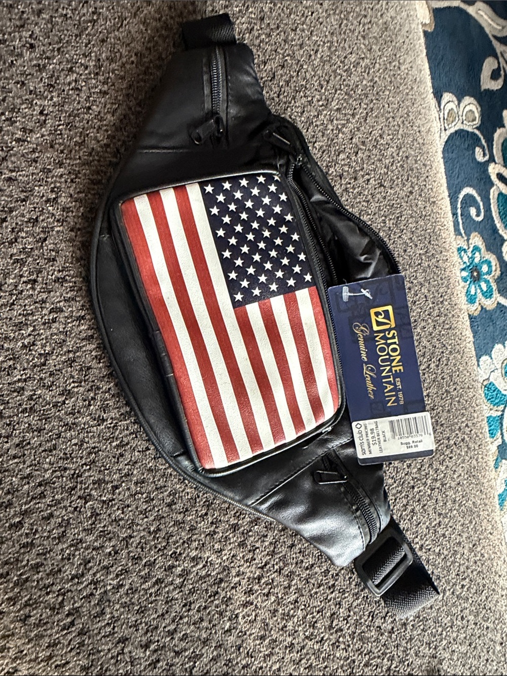 Stone Mountain Black Leather Belt Bag with American Flag Pocket